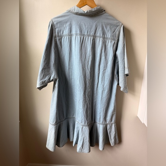 NWT FLANNEL Flint Frill Tunic Denim Dress Ruffle Baggy Oversized Pockets Blue L - Picture 2 of 8